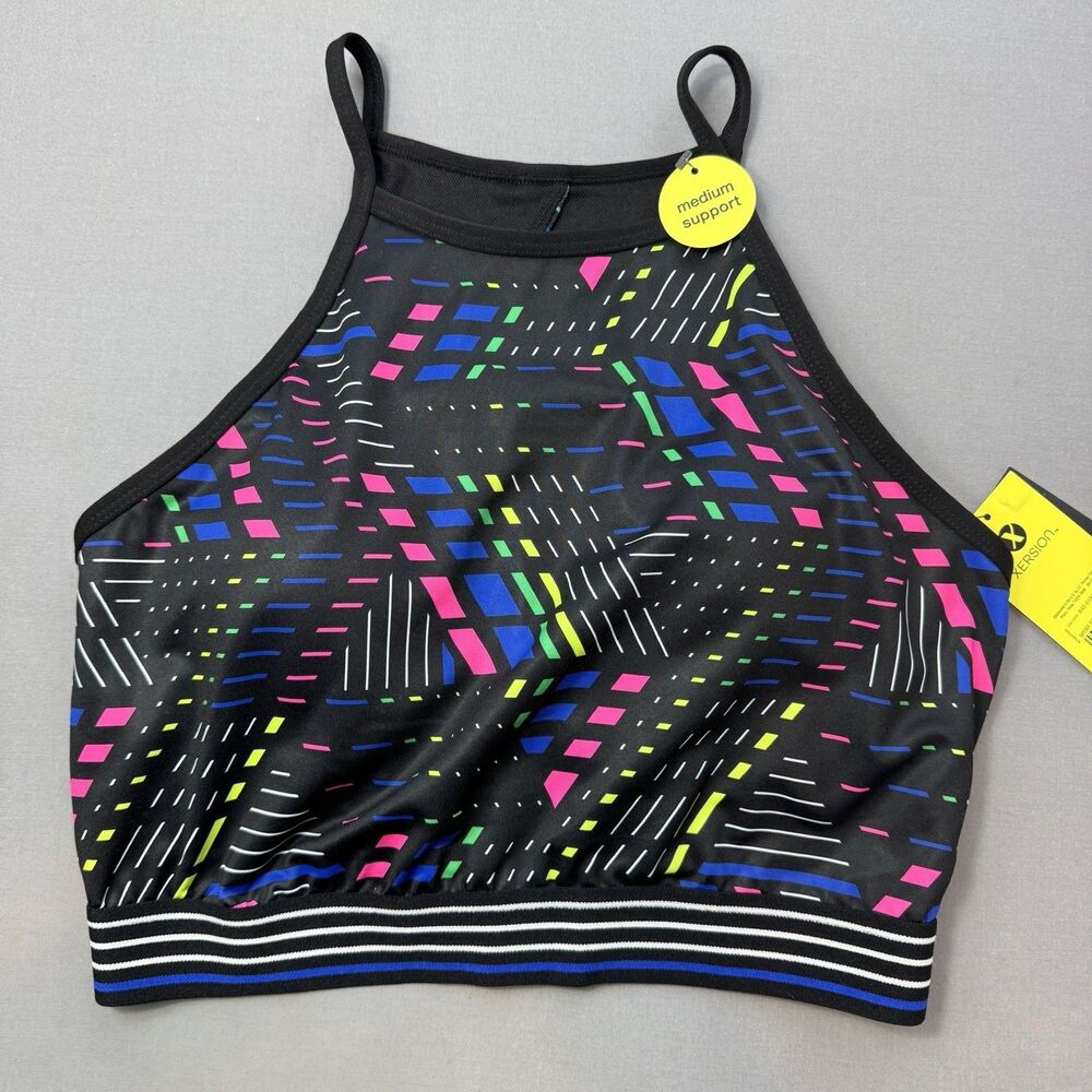NWT Xersion Sports Bra M Black Stripe Medium Impact Compression Removable Pads